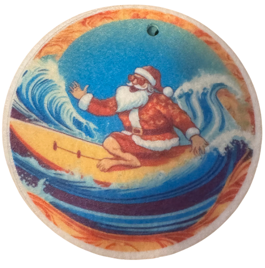 Round Surfing Santa Car Air Freshner