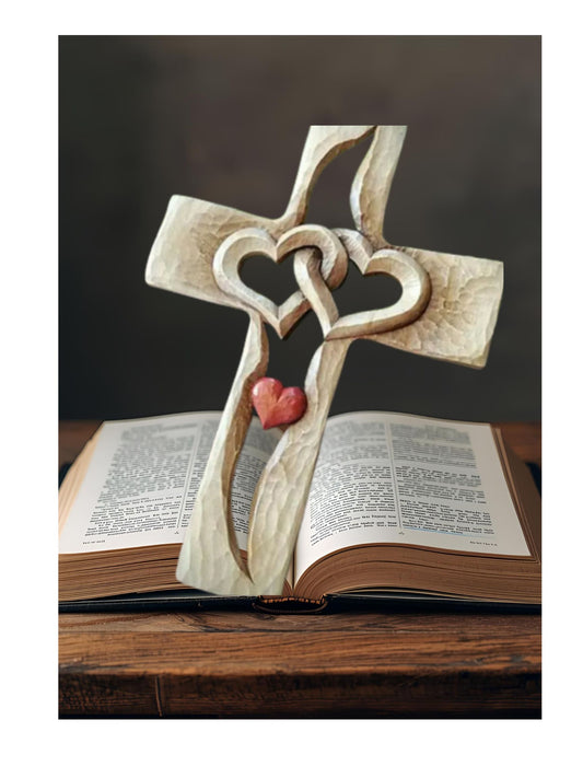 Love Intertwined Carved Wood Laminated front with Red Heart Religious Gift
