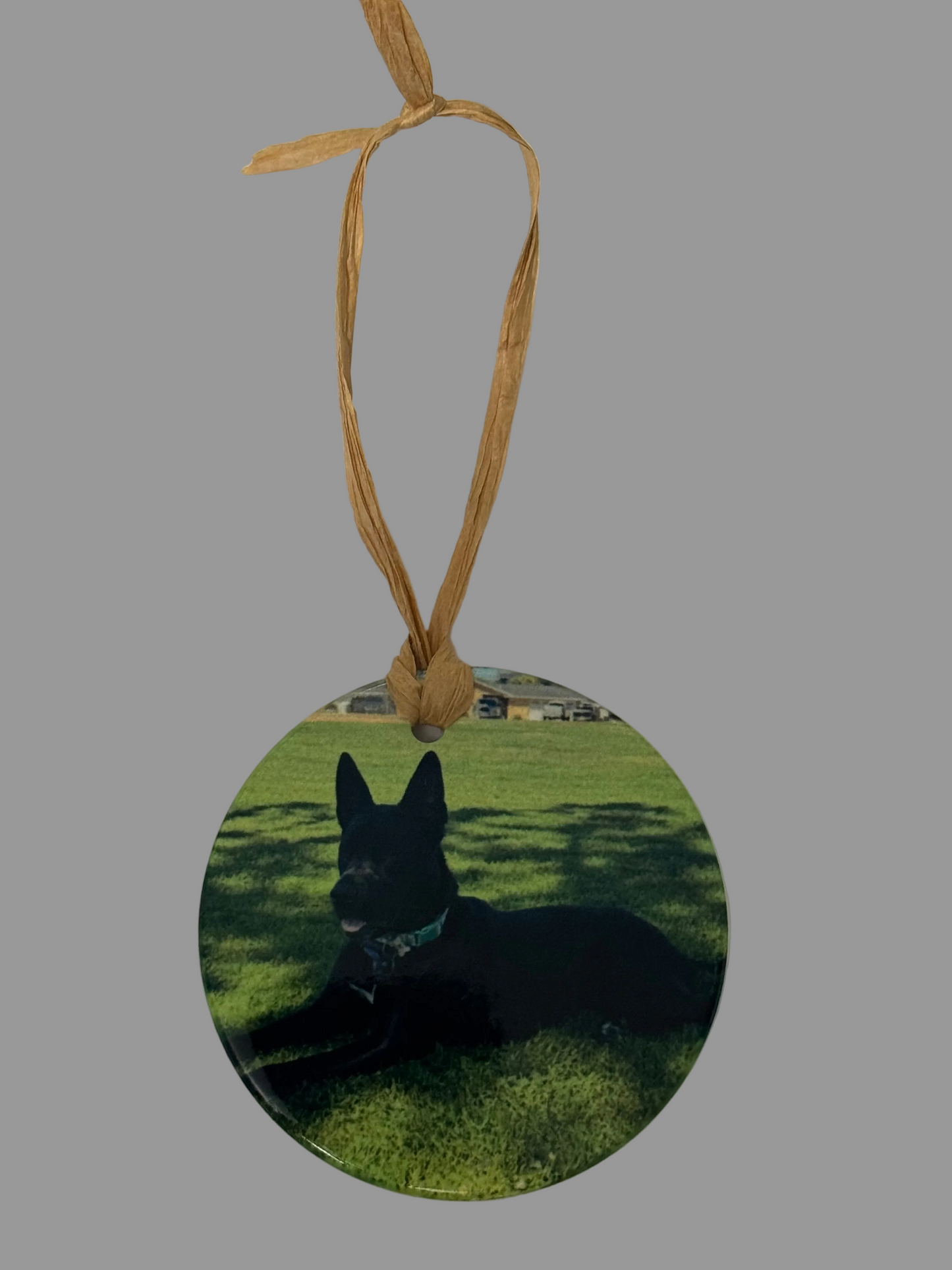 Custom Photo 3" Ceramic Ornament with Raffia
